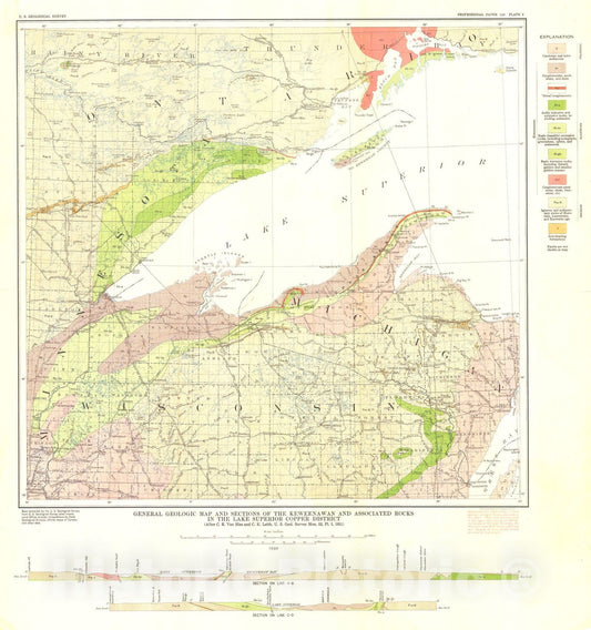 Map : The copper deposits of Michigan, 1929 Cartography Wall Art :