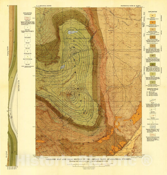 Map : Geology and oil and coal resources of the Oregon Basin, Meeteetse, and Grass Creek Basin quadrangles, Wyoming, 1926 Cartography Wall Art :