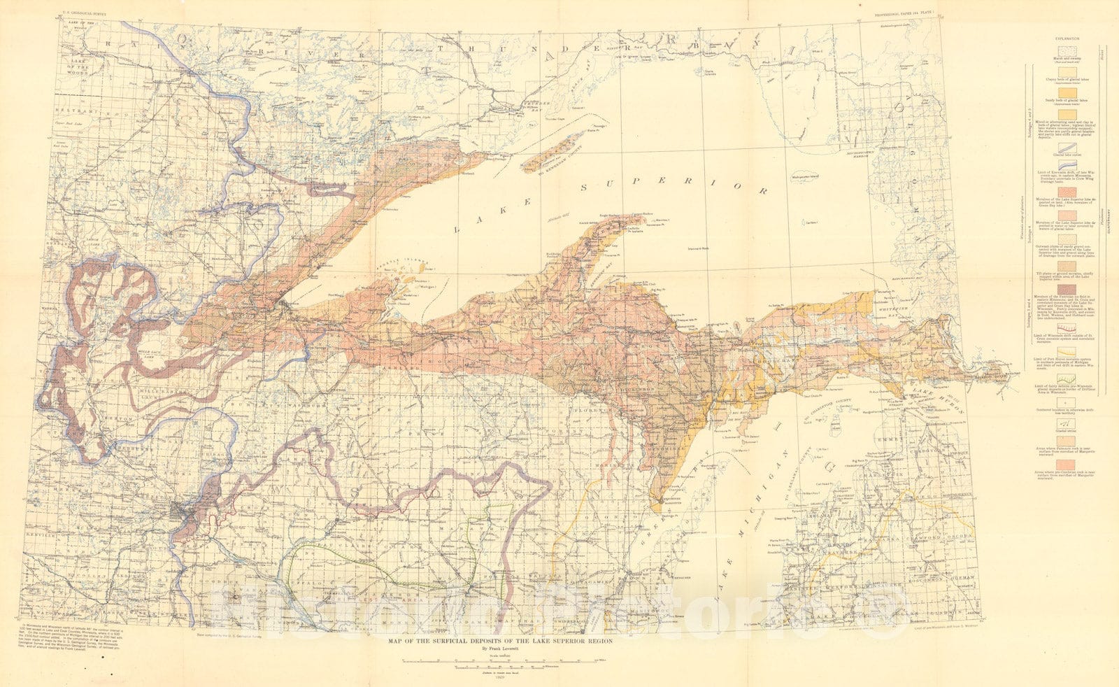 Map : Moraines and shore lines of the Lake Superior Basin, 1929 Cartography Wall Art :