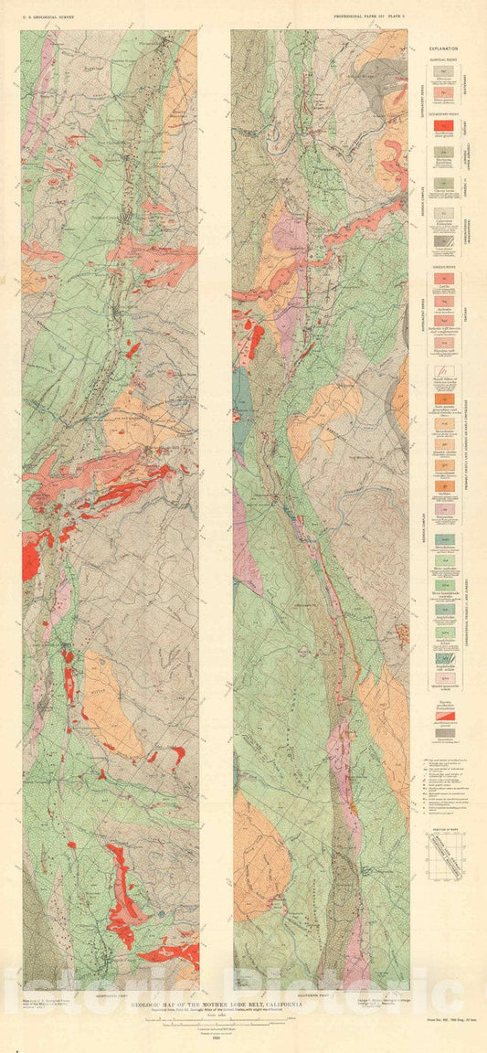 Map : The Mother Lode system of California, 1929 Cartography Wall Art :