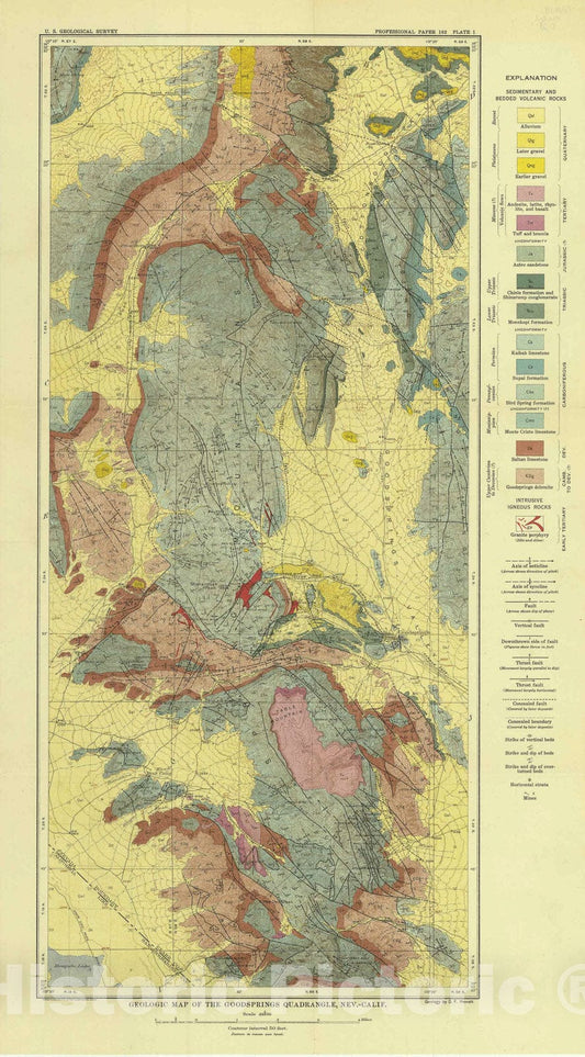 Map : Geology and ore deposits of the Goodsprings quadrangle, Nevada, 1931 Cartography Wall Art :