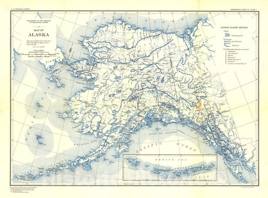Map : Glaciation in Alaska, 1932 Cartography Wall Art :
