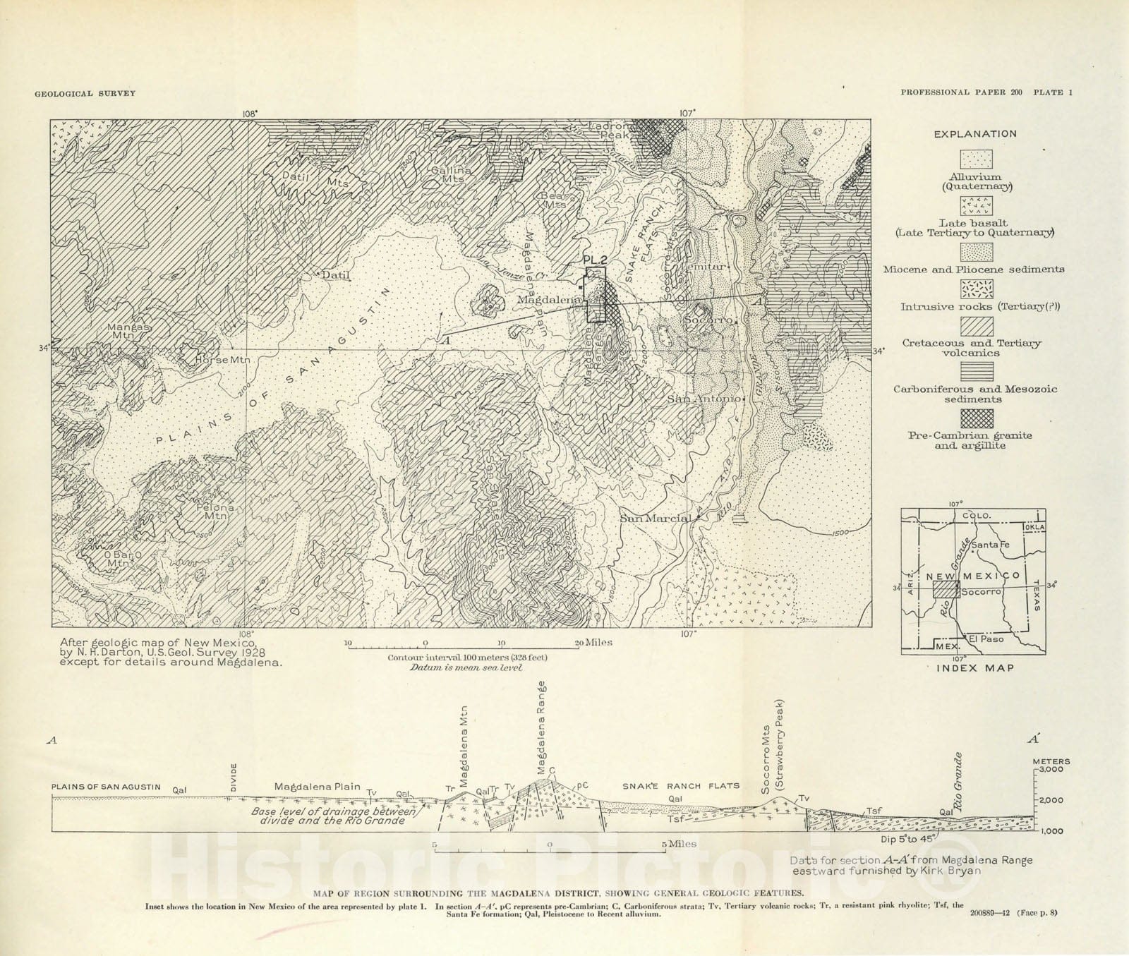 Map : Geology and ore deposits of the Magdalena mining district, New Mexico, 1942 Cartography Wall Art :