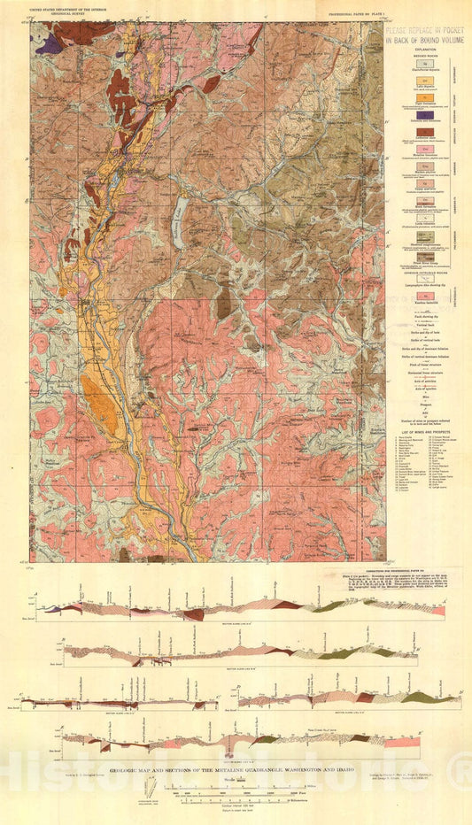 Map : Geology and ore deposits of the Metaline quadrangle, Washington, 1943 Cartography Wall Art :