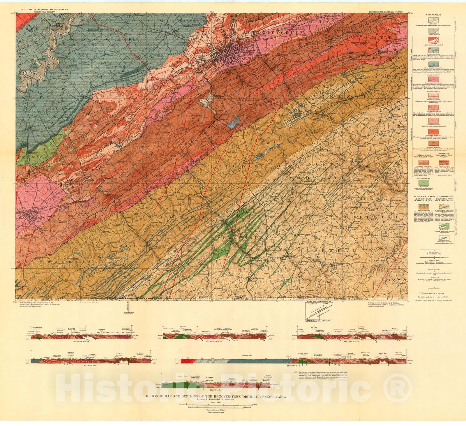 Map : Geology of the Hanover-York district, Pennsylvania, 1944 Cartography Wall Art :