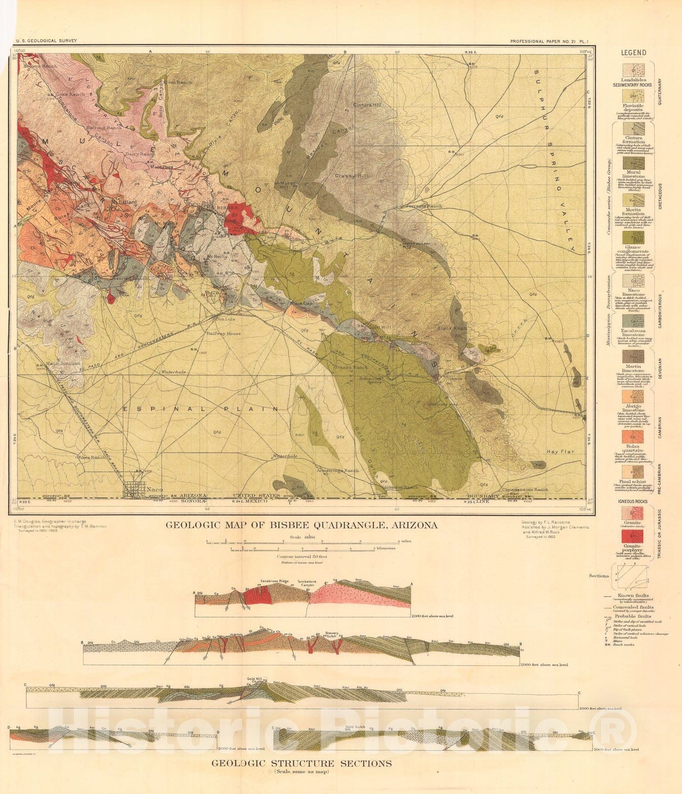 Map : The geology and ore deposits of the Bisbee quadrangle, Arizona, 1904 Cartography Wall Art :