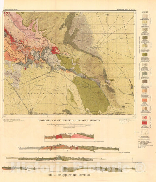 Map : The geology and ore deposits of the Bisbee quadrangle, Arizona, 1904 Cartography Wall Art :
