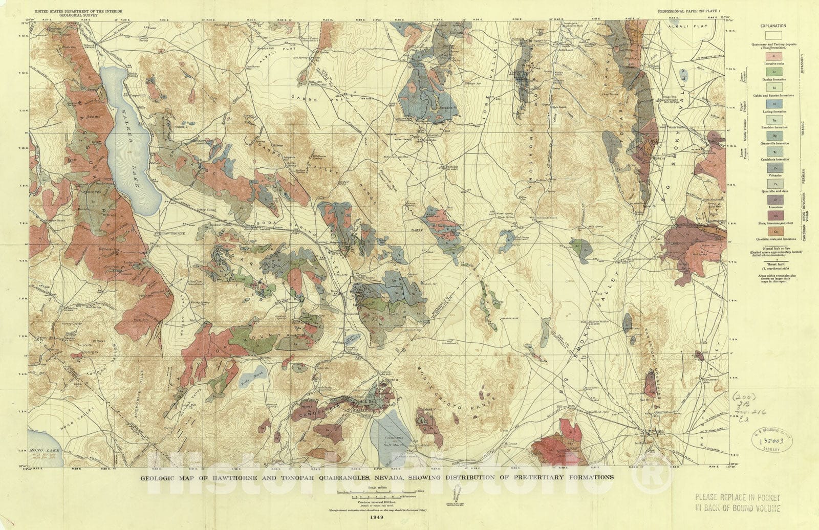 Map : Structural geology of Hawthorne and Tonopah quadrangles, Nevada, 1949 Cartography Wall Art :
