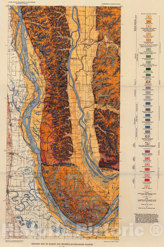 Map : Geology and mineral resources of the Hardin and Brussels quadrangles (in Illinois), 1952 Cartography Wall Art :