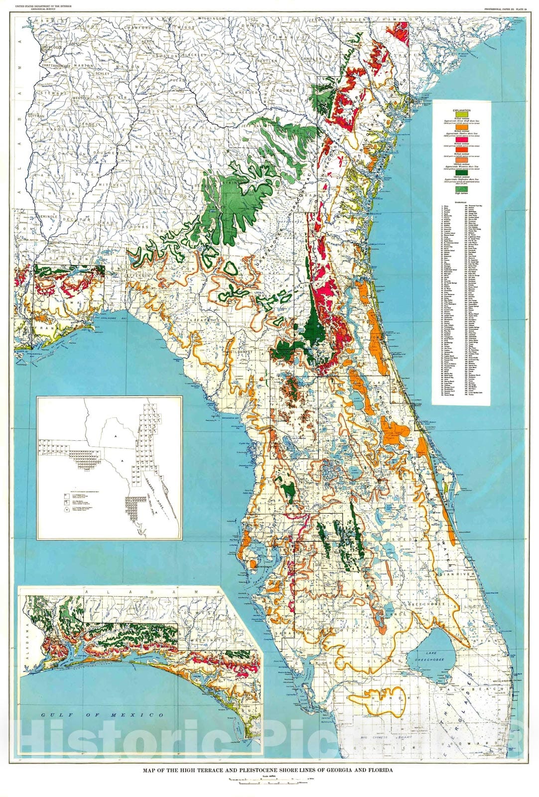 Map : Pleistocene shore lines in Florida and Georgia, 1950 Cartography Wall Art :
