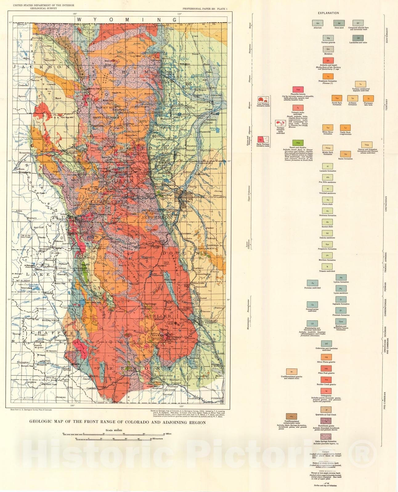 Map : Geology and ore deposits of the Front Range, Colorado, 1950 Cartography Wall Art :