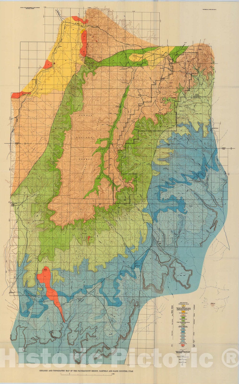Map : The geology and geography of the Paunsaugunt region, Utah a survey of parts of Garfield and Kane Counties, 1951 Cartography Wall Art :