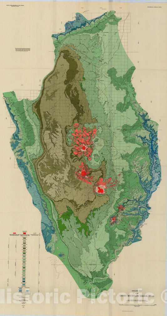 Map : Geology and geography of the Henry Mountains region, Utah, 1953 Cartography Wall Art :