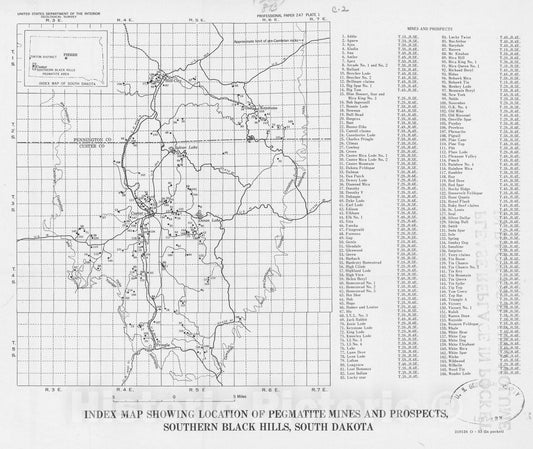 Map : Pegmatite investigations, 1942-1945, Black Hills, South Dakota, 1953 Cartography Wall Art :
