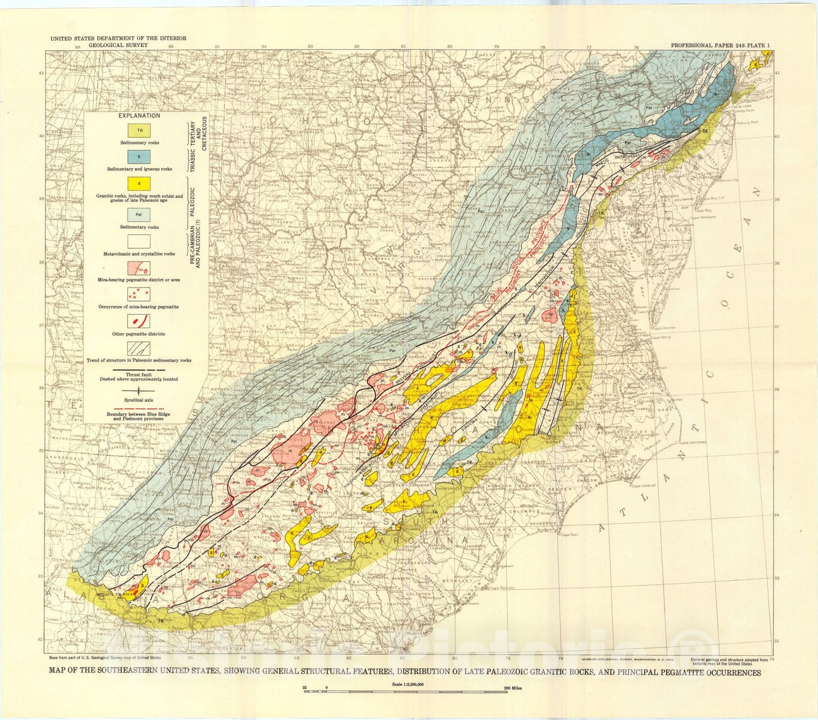 Map : Mica deposits of the southeastern Piedmont, 1953 Cartography Wall Art :
