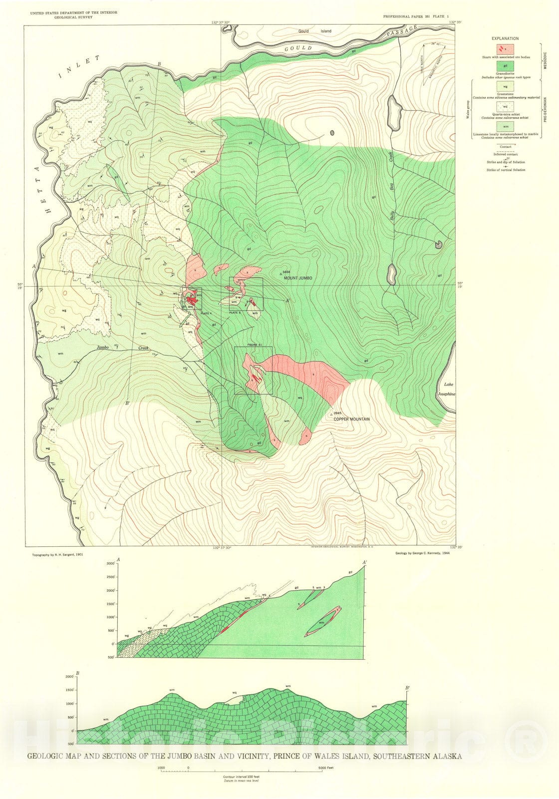 Map : Geology and mineral deposits of the Jumbo Basin, southeastern Alaska, 1953 Cartography Wall Art :