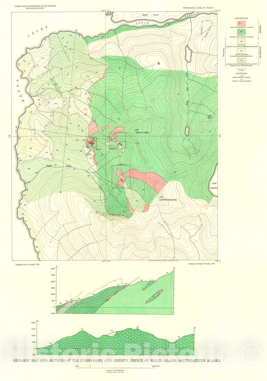 Map : Geology and mineral deposits of the Jumbo Basin, southeastern Alaska, 1953 Cartography Wall Art :