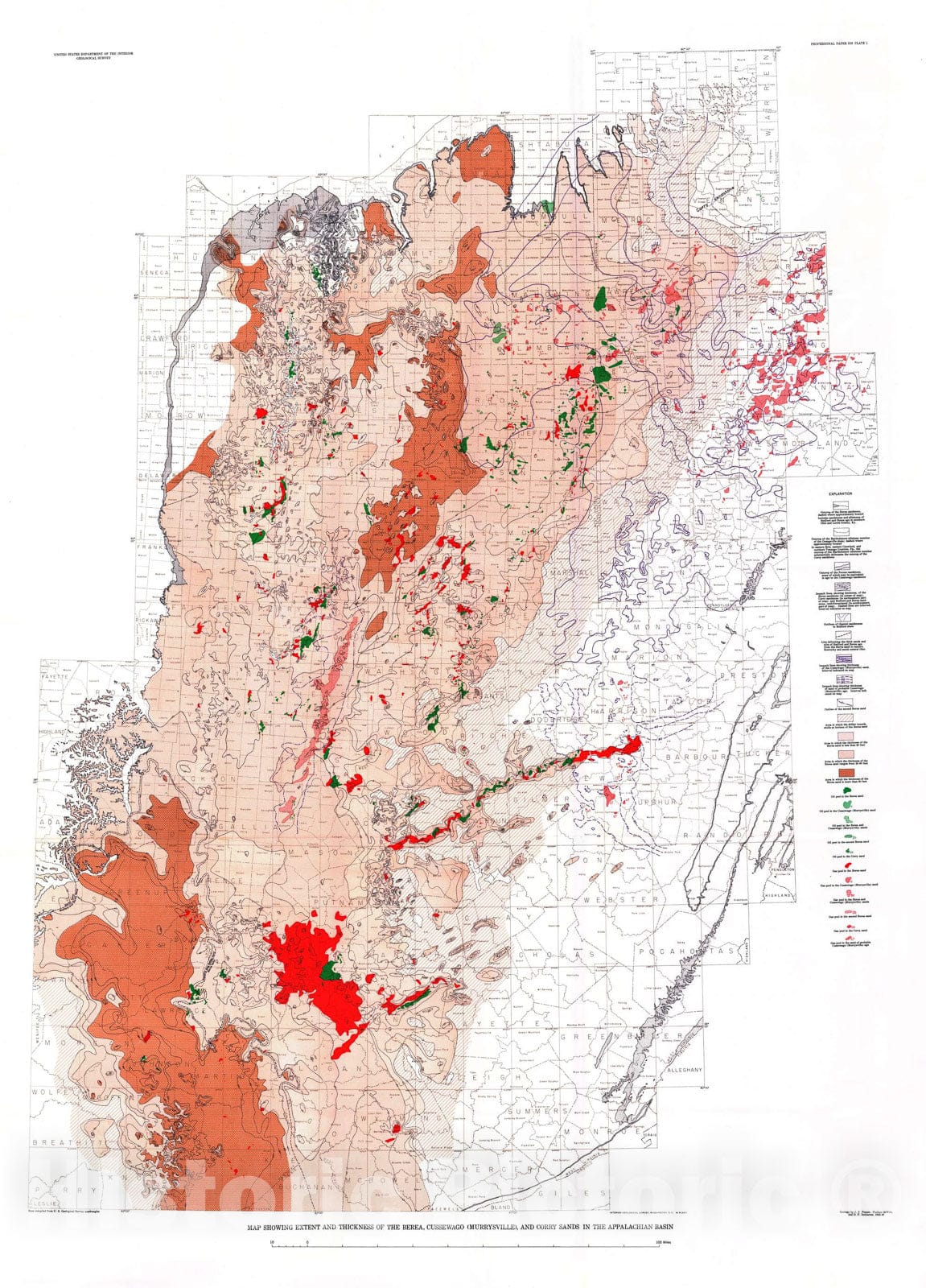 Map : Geology of the Bedford Shale and Berea Sandstone in the Appalachian Basin, 1954 Cartography Wall Art :