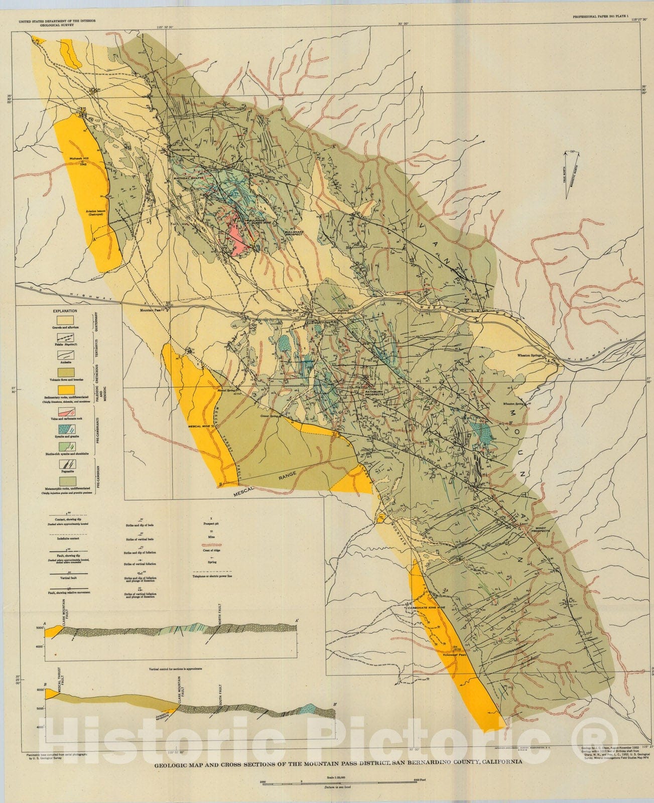 Map : Rare-earth mineral deposits of the Mountain Pass district, San Bernardino County, California , 1954 Cartography Wall Art :