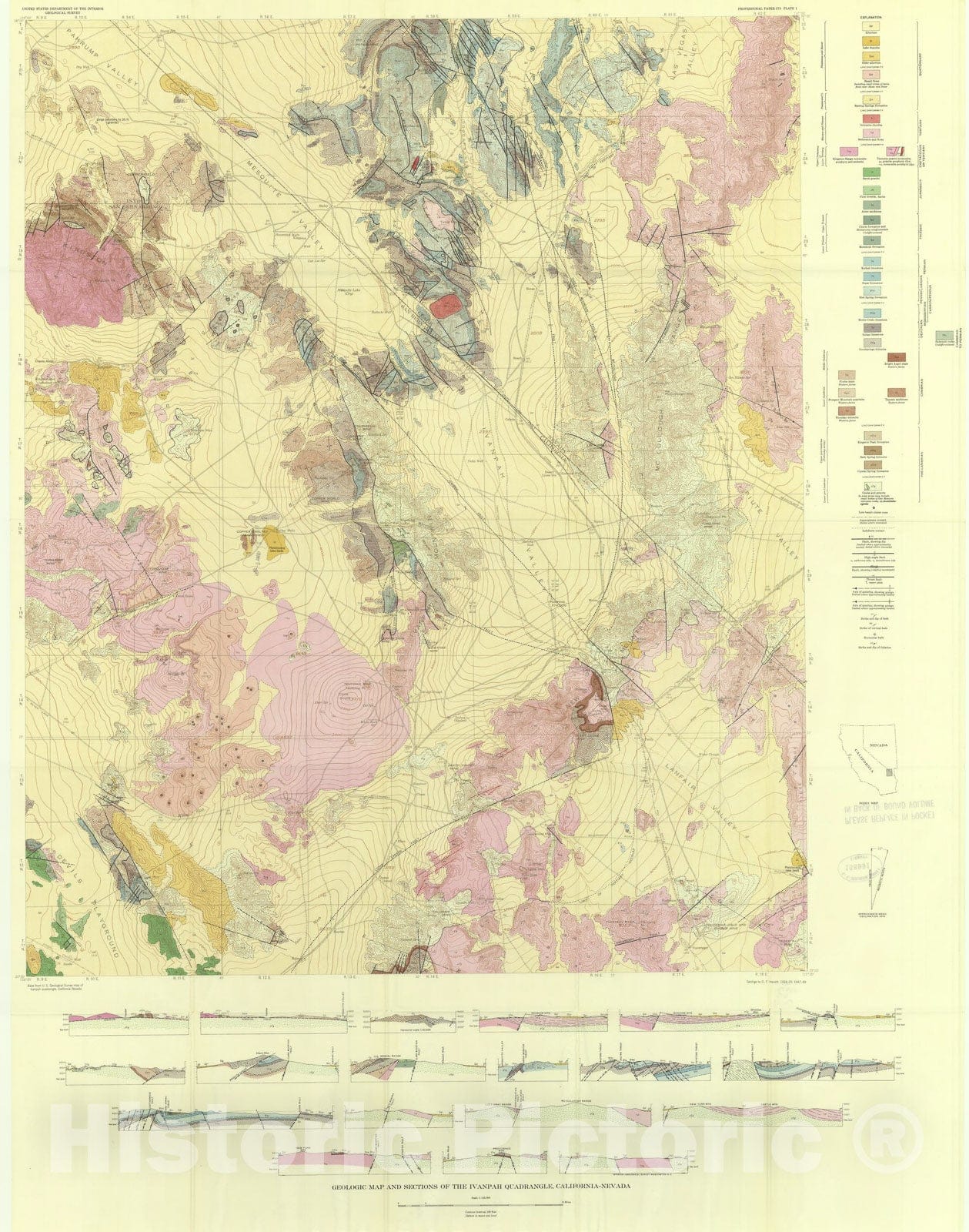 Map : Geology and mineral resources of the Ivanpah quadrangle, California and Nevada, 1956 Cartography Wall Art :