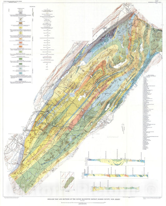 Map : Geology and magnetite deposits of Dover district, Morris County, New Jersey, with a description of the geologic section at Hibernia Mine, 1958 Cartography Wall Art :