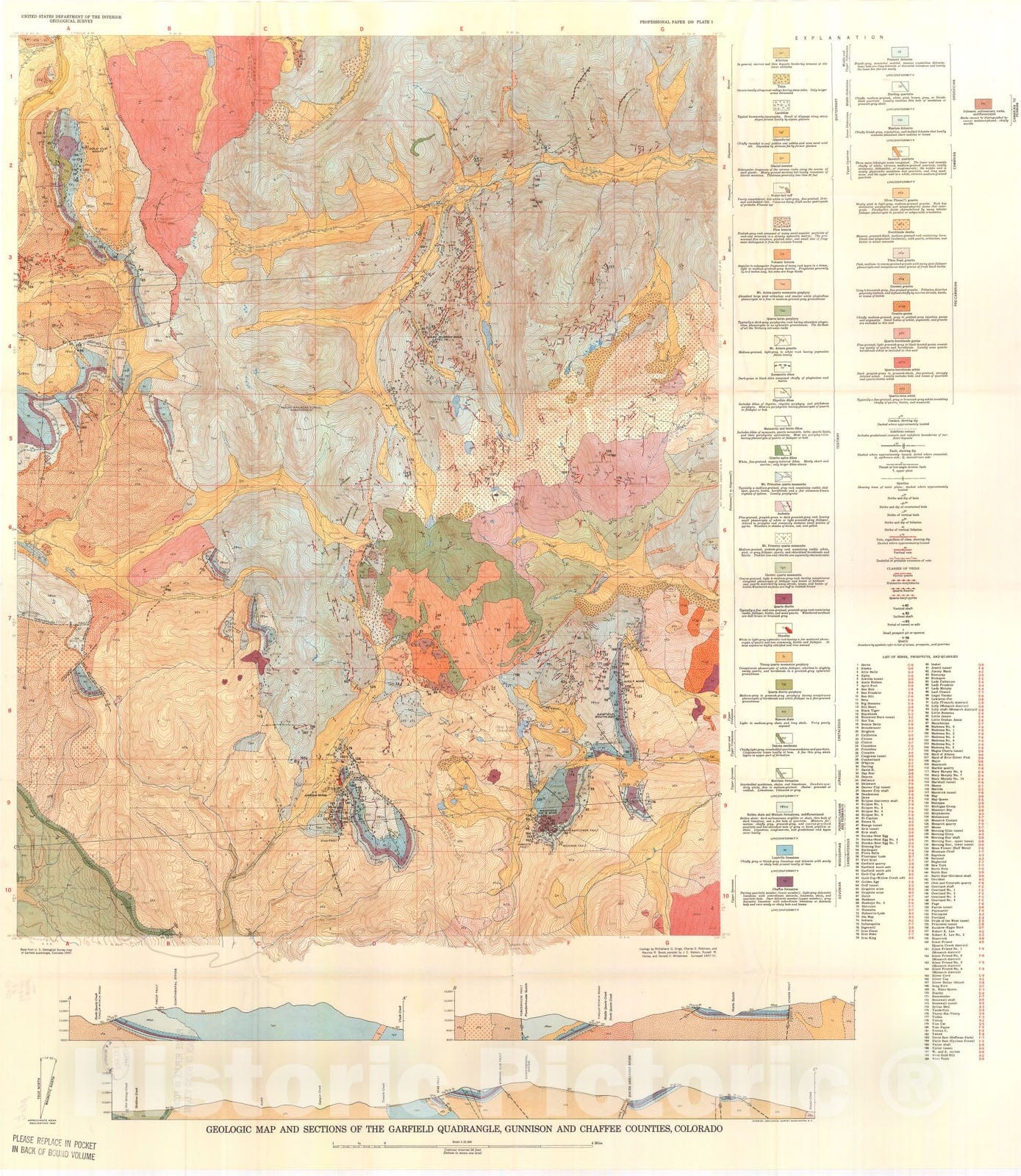 Map : Geology and ore deposits of the Garfield quadrangle, Colorado, 1957 Cartography Wall Art :