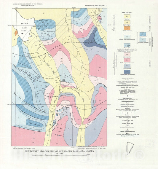 Map : The Paleozoic section in the Shainin Lake area, central Brooks Range, Alaska, 1957 Cartography Wall Art :