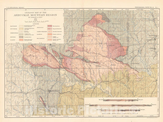 Map : Geology of the Arbuckle and Wichita Mountains in Indian Territory and Oklahoma, with an appendix on reported ore deposits of the Wichita Mountains, 1904 Cartography Wall Art :