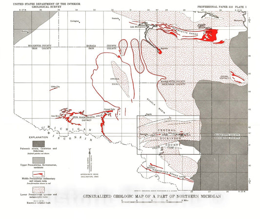 Map : Geology of central Dickinson County, Michigan, 1961 Cartography Wall Art :