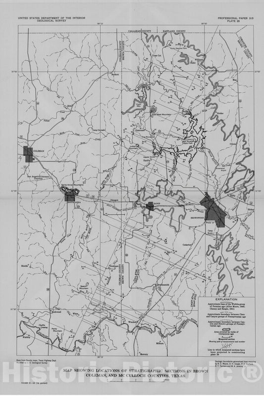Map : Stratigraphy of Pennsylvanian and Lower Permian rocks in Brown and Coleman Counties, Texas, 1960 Cartography Wall Art :