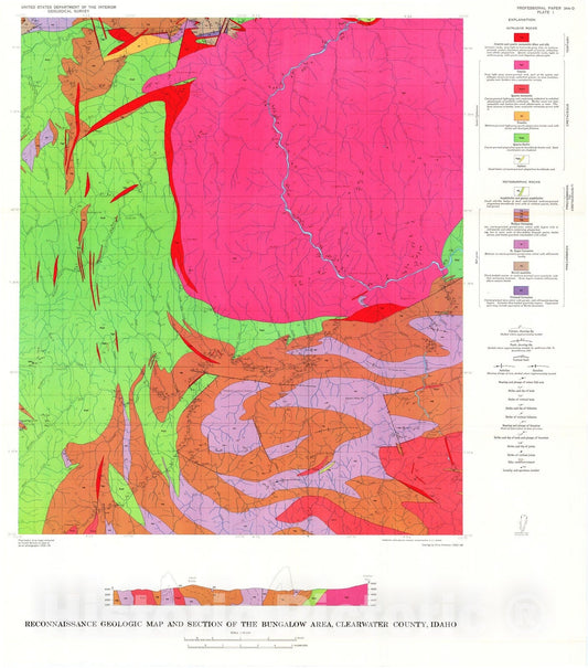Map : Idaho batholith near Pierce and Bungalow, Clearwater County, Idaho, 1963 Cartography Wall Art :