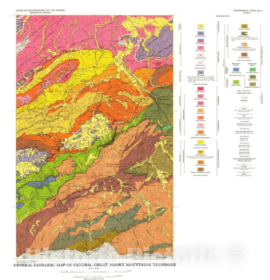 Map : Geology of the central Great Smoky Mountains, Tennessee, 1964 Cartography Wall Art :