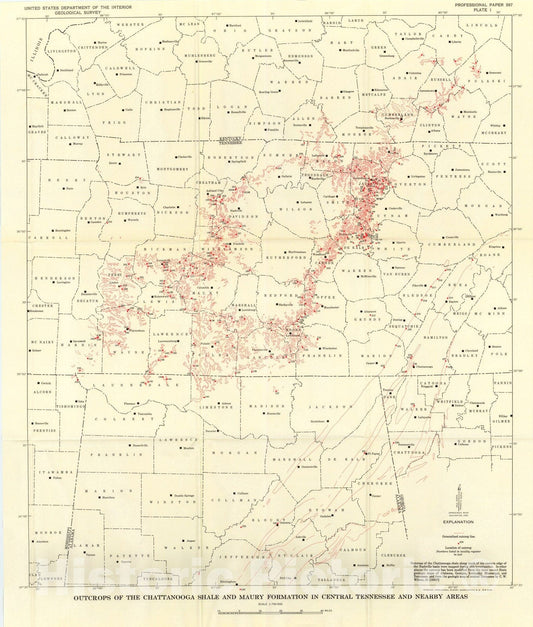 Map : Chattanooga Shale and related rocks of central Tennessee and nearby areas, 1961 Cartography Wall Art :
