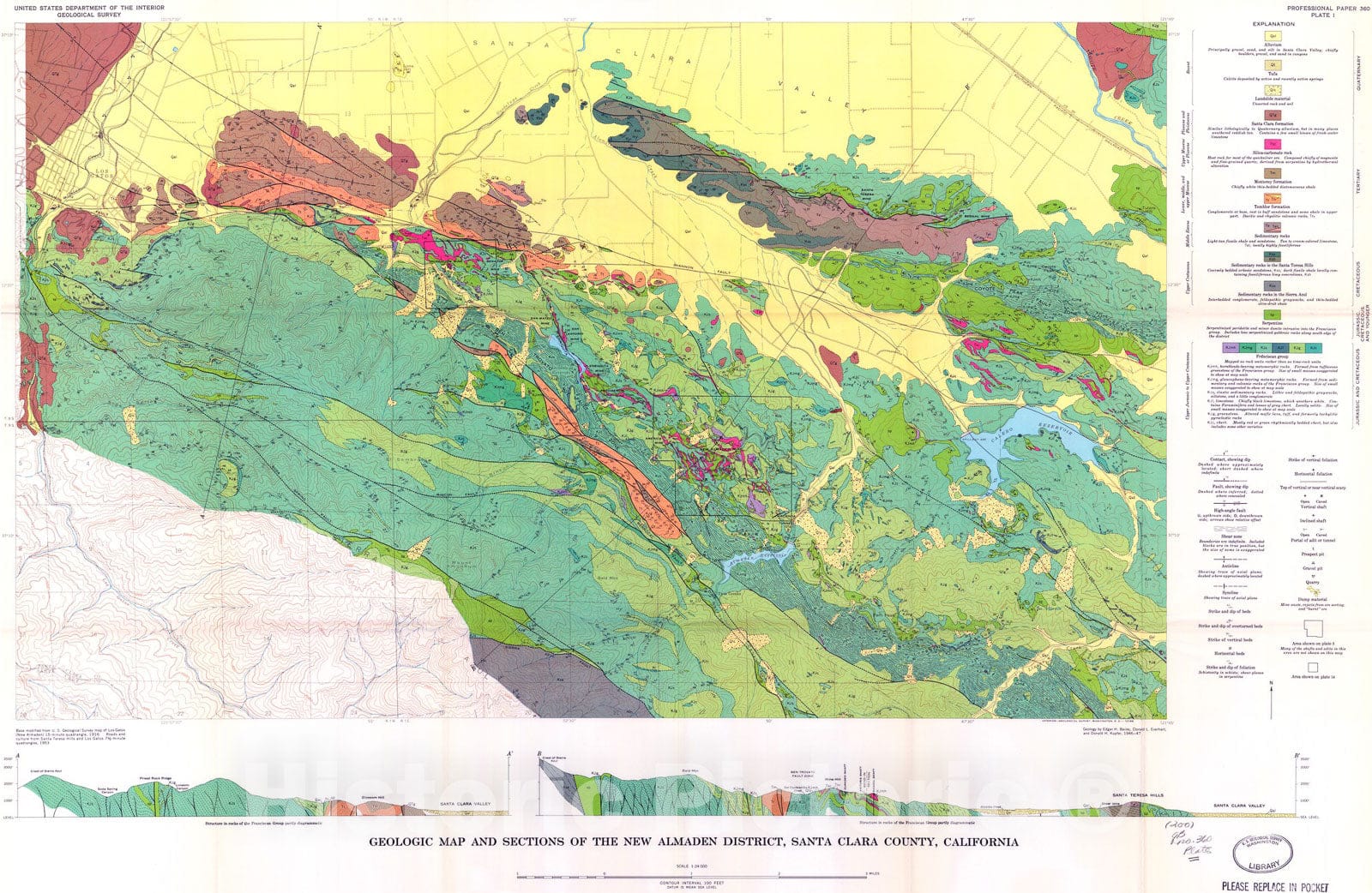 Map : Geology and quicksilver deposits of the New Almaden district, Santa Clara County, California, 1964 Cartography Wall Art :