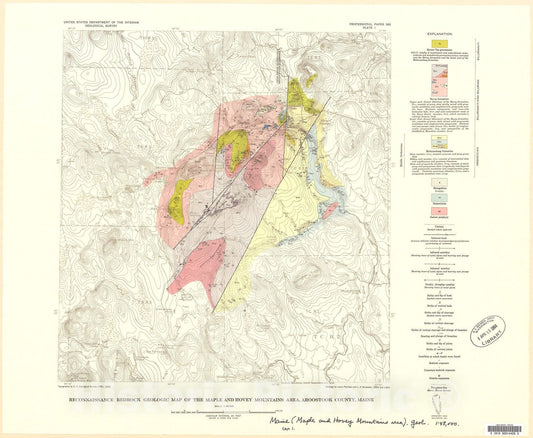 Map : Geology and manganese deposits of the Maple and Hovey Mountains area, Aroostook County, Maine, 1962 Cartography Wall Art :
