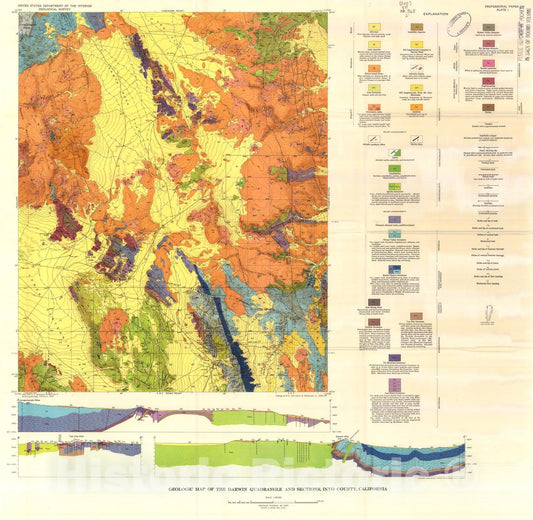 Map : Geology and ore deposits of the Darwin quadrangle, Inyo County, California, 1962 Cartography Wall Art :