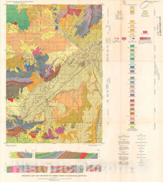 Map : Geology of the Three Forks quadrangle, Montana with sections on petrography of igneous rocks, 1963 Cartography Wall Art :