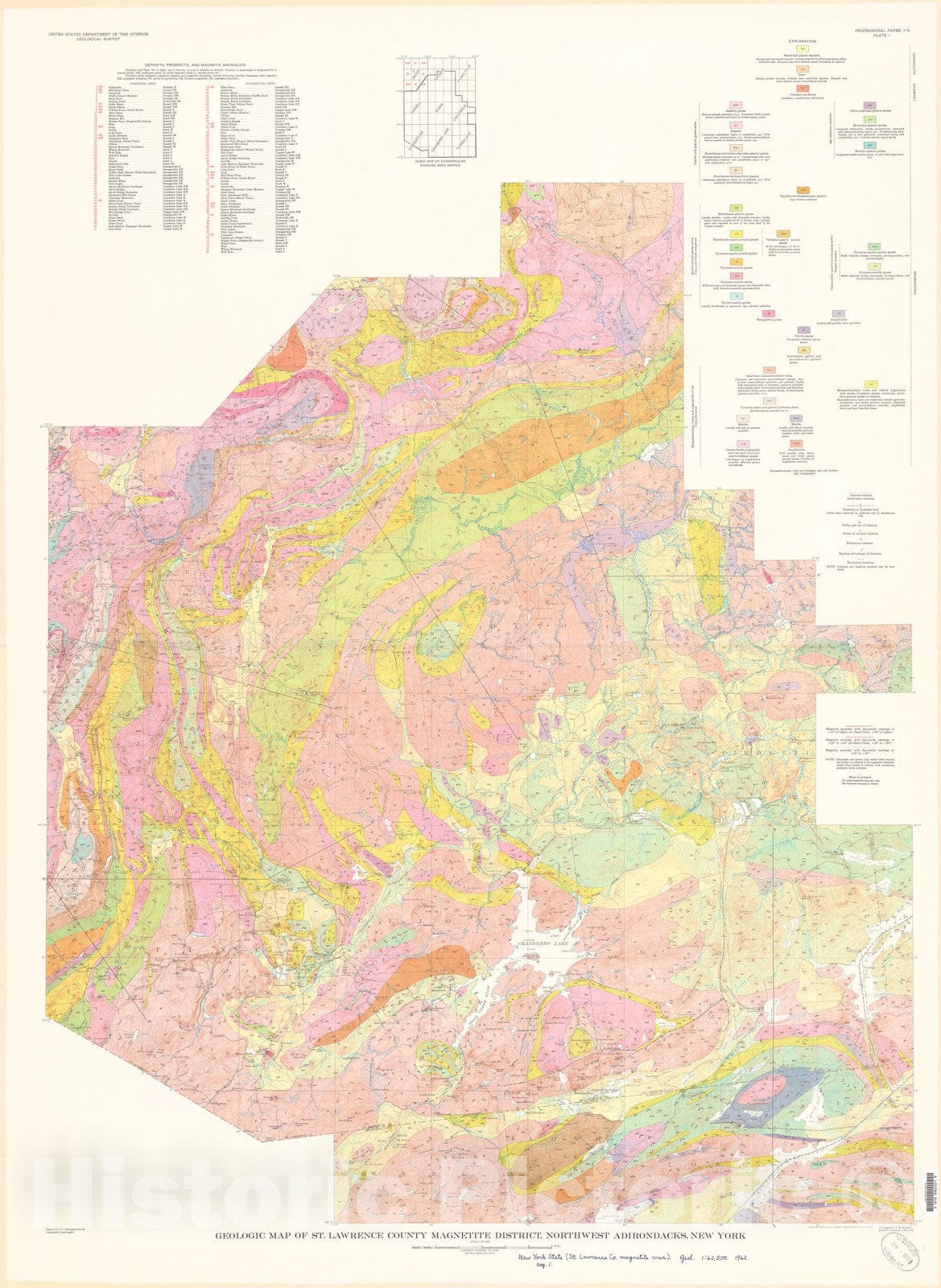 Map : Regional geology of the St. Lawrence County magnetite district, northwest Adirondacks, New York, 1962 Cartography Wall Art :