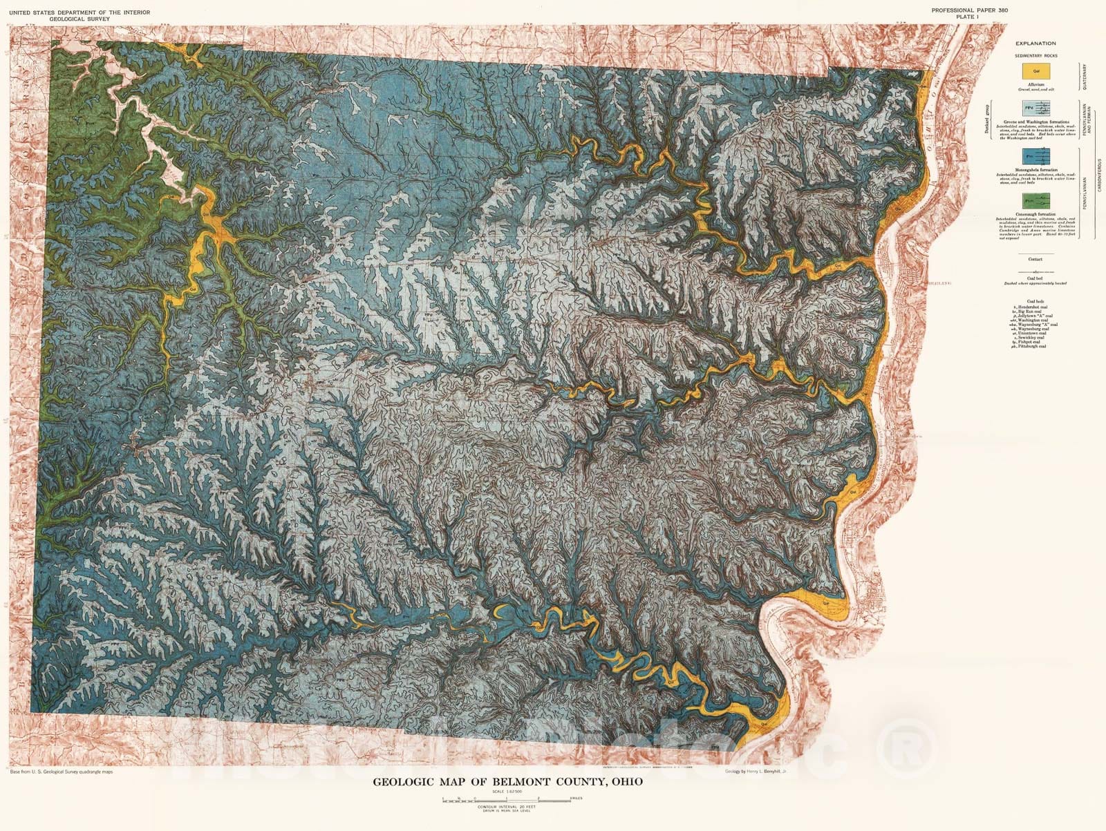 Map : Geology and coal resources of Belmont County, Ohio, 1963 Cartography Wall Art :