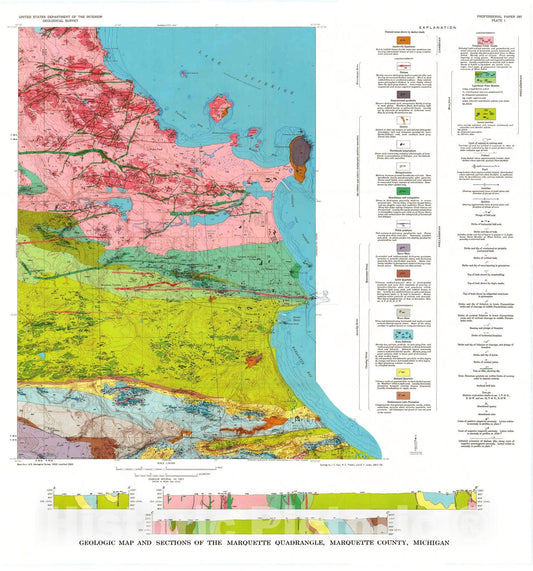 Map : Geology of the Marquette and Sands quadrangles, Marquette County, Michigan, 1968 Cartography Wall Art :