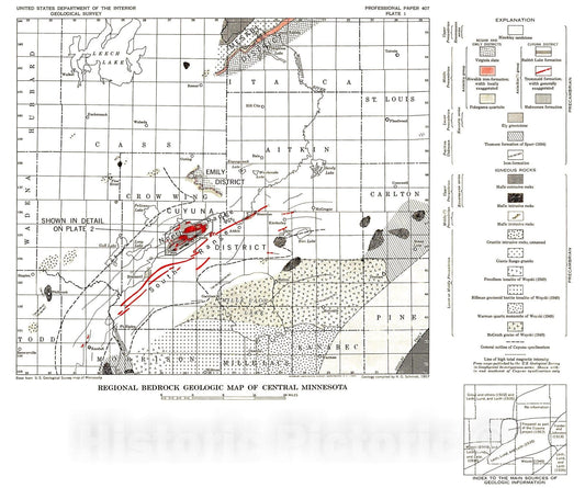 Map : Geology and ore deposits of the Cuyuna North Range, Minnesota, 1963 Cartography Wall Art :