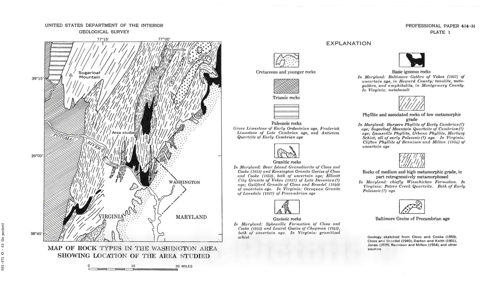 Map : Crystalline rocks of the Potomac River gorge near Washington, D.C., 1963 Cartography Wall Art :