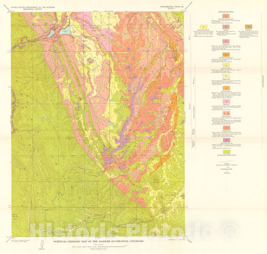 Map : Quaternary geology and geomorphic history of the Kassler quadrangle, Colorado, 1963 Cartography Wall Art :
