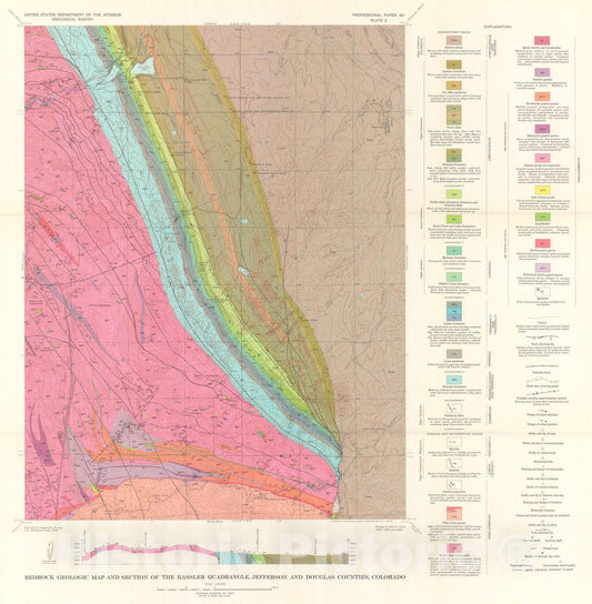 Map : Bedrock geology of the Kassler quadrangle, Colorado, 1963 Cartography Wall Art :