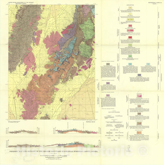 Map : Geology and mineral deposits of the Osgood Mountains quadrangle, Humboldt County, Nevada, 1964 Cartography Wall Art :