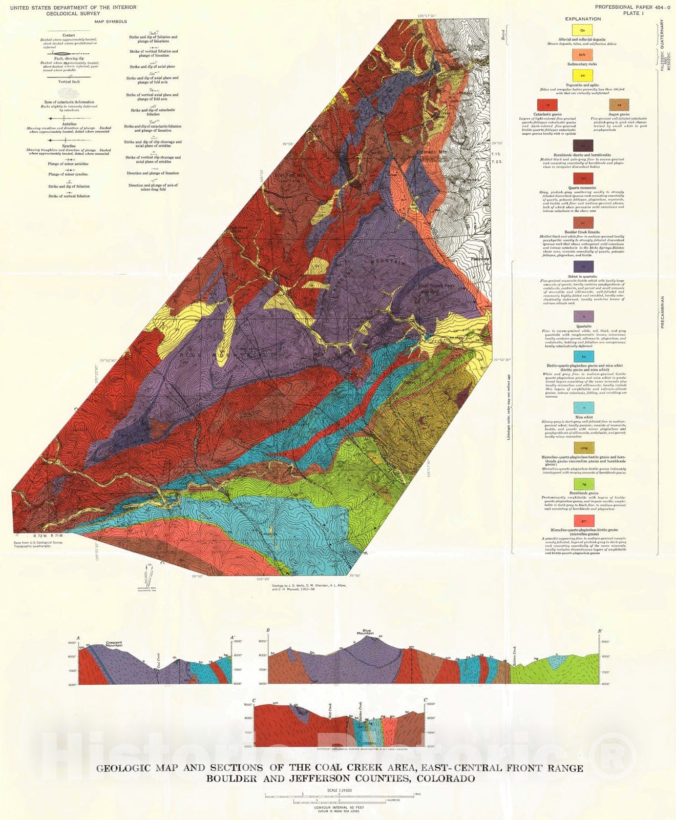 Map : Relationship of Precambrian quartzite-schist sequence along Coal Creek to Idaho Springs Formation, Front Range, Colorado, 1964 Cartography Wall Art :
