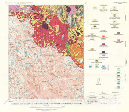 Map : Geology and tungsten mineralization of the Bishop district, California, with a section on gravity study of Owens Valley and a section on seismic profile, 1965 Cartography Wall Art :