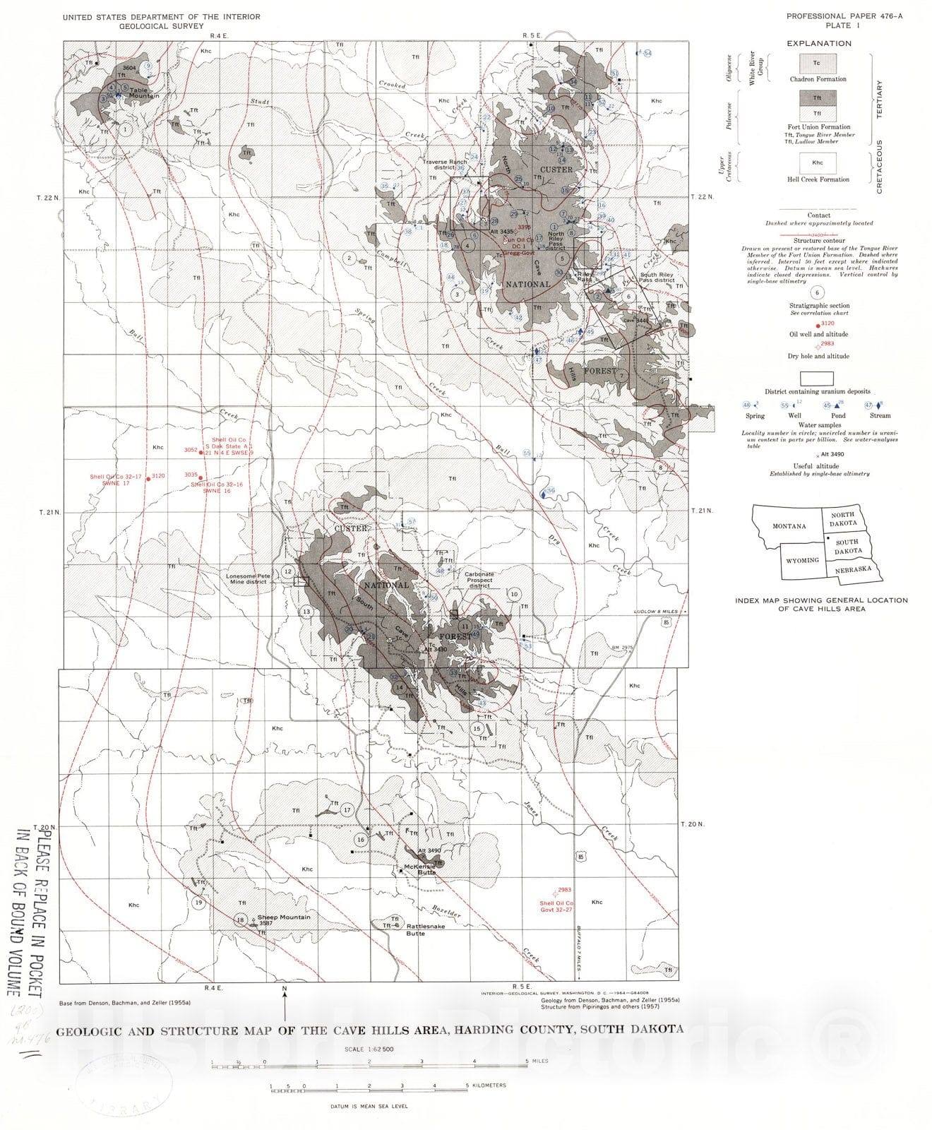 Map : Geology and uranium deposits in the Cave Hills area, Harding County, South Dakota, 1965 Cartography Wall Art :