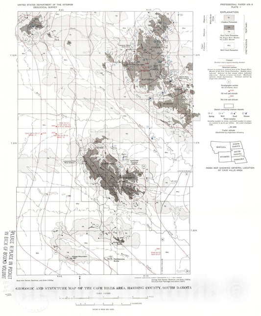 Map : Geology and uranium deposits in the Cave Hills area, Harding County, South Dakota, 1965 Cartography Wall Art :
