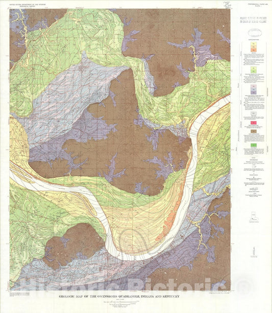 Map : Geomorphology and Quaternary geology of the Owensboro quadrangle, Indiana and Kentucky, 1965 Cartography Wall Art :